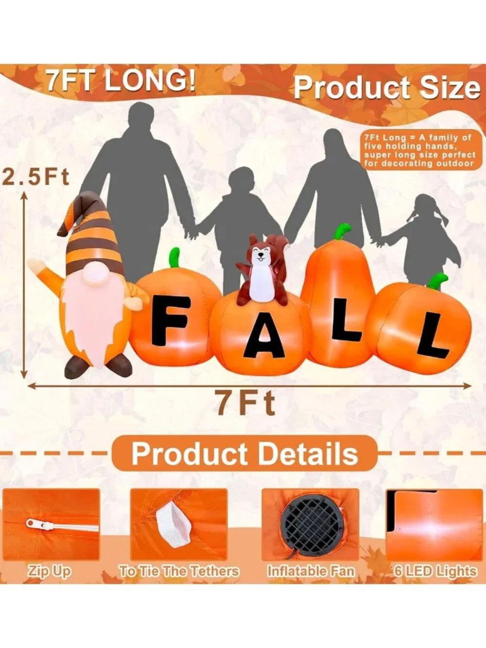 7FT Fall Inflatables Outdoor Decor - Pumpkin, Gnome & Squirrel with LED Lights